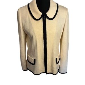 Vintage Austin Reed Merino Wool Cardigan Sz 6 Cream Black Trim Zip USA Made Mod